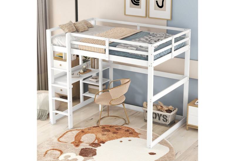 STILVORA Hochbett 140X200 mit matratze und Schreibtisch,Kinderbett mit Stauraum (mit 4 Ablagefächern und einer Schreibtischplatte, mit Stauraum, komplett aus Kiefer) mit Matratze von STILVORA