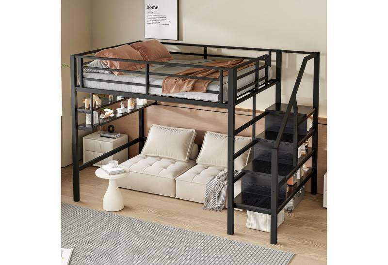 STILVORA Hochbett 140×200 Jugendbett mit Regle & Stauraumleiter,Metallbett ohne matratze (Hochbett 140x200cm mit Stauraumleiter & Einlegeböden – Robuster Eisenrahmen, Kinderfreundliches Geländer, Freiraum zum Verkleiden) ohne Matratze von STILVORA