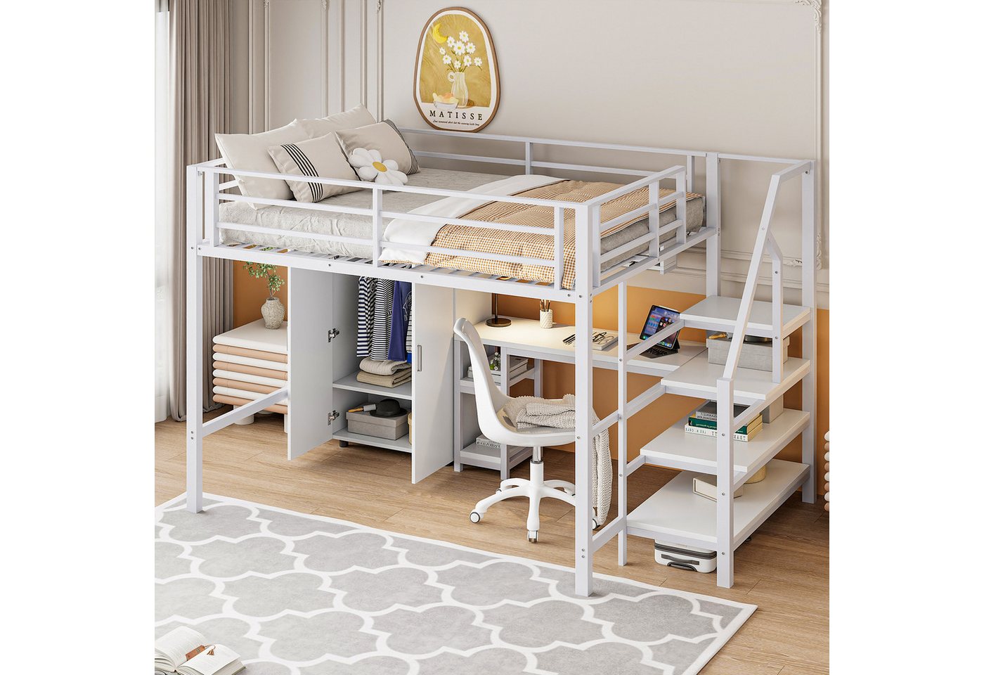 STILVORA Hochbett 140×200 Jugendbett mit matratze,Metallbett mit Kleiderschrank & Tisch (Multifunktionales Hochbett 140x200 cm mit Kleiderschrank, Schreibtisch & Stauraumleiter Robuster Eisenrahmen & MDF) ohne Matratze STILVORA Hochbett 140×200 Jugendbett mit matratze,Metallbett mit Kleiderschrank & Tisch (Multifunktionales Hochbett 140x200 cm mit Kleiderschrank, Schreibtisch & Stauraumleiter Robuster Eisenrahmen & MDF) ohne Matratze von STILVORA