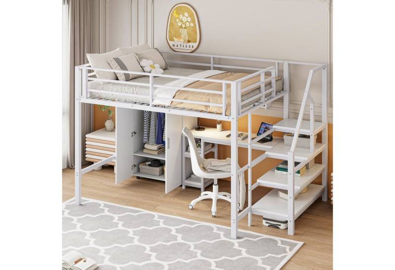 STILVORA Hochbett 140×200 Jugendbett mit matratze,Metallbett mit Kleiderschrank & Tisch (Multifunktionales Hochbett 140x200 cm mit Kleiderschrank, Schreibtisch & Stauraumleiter Robuster Eisenrahmen & MDF) ohne Matratze von STILVORA