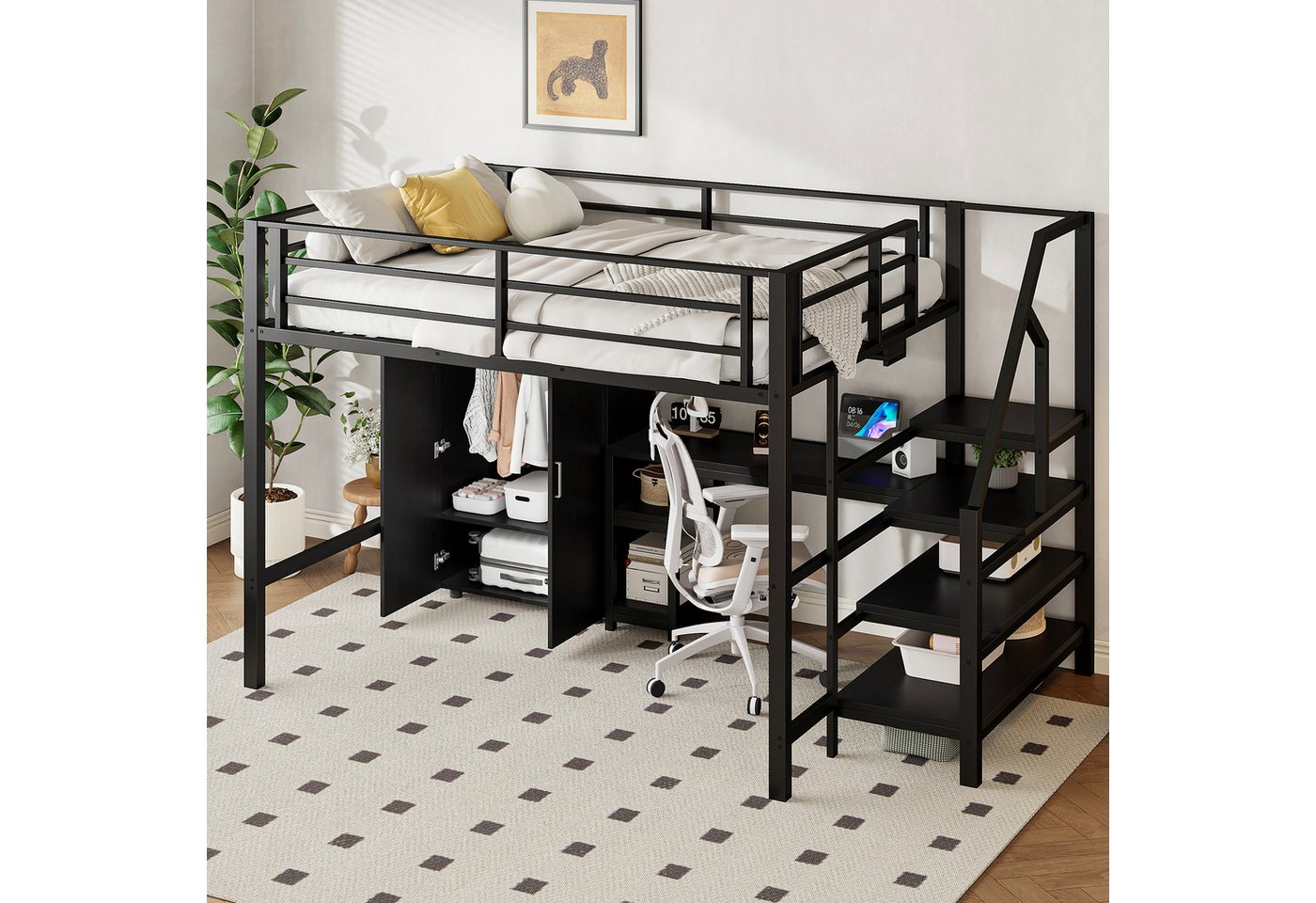 STILVORA Hochbett 140×200 Jugendbett mit matratze,Metallbett mit Kleiderschrank & Tisch (Multifunktionales Hochbett 140x200 cm mit Kleiderschrank, Schreibtisch & Stauraumleiter Robuster Eisenrahmen & MDF) ohne Matratze STILVORA Hochbett 140×200 Jugendbett mit matratze,Metallbett mit Kleiderschrank & Tisch (Multifunktionales Hochbett 140x200 cm mit Kleiderschrank, Schreibtisch & Stauraumleiter Robuster Eisenrahmen & MDF) ohne Matratze von STILVORA