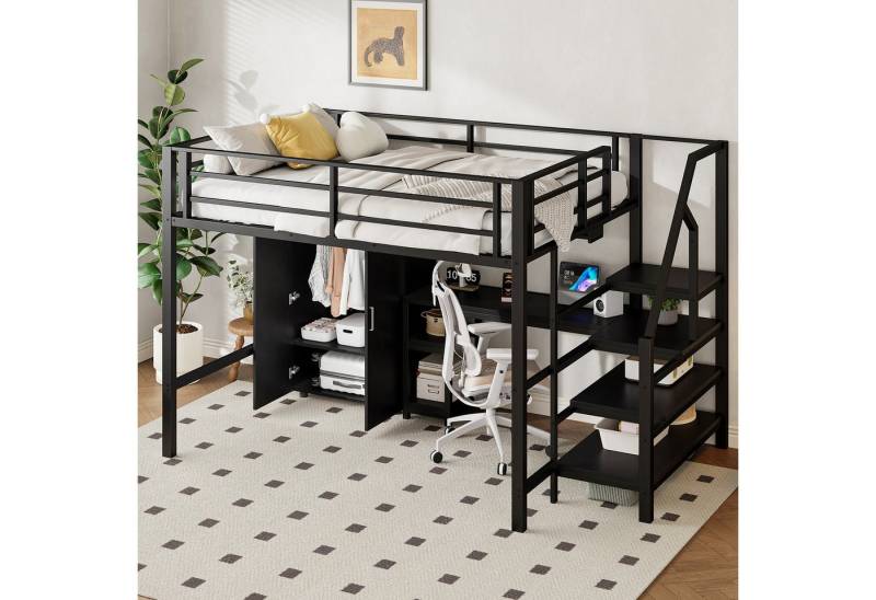STILVORA Hochbett 140×200 Jugendbett mit matratze,Metallbett mit Kleiderschrank & Tisch (Multifunktionales Hochbett 140x200 cm mit Kleiderschrank, Schreibtisch & Stauraumleiter Robuster Eisenrahmen & MDF) ohne Matratze von STILVORA