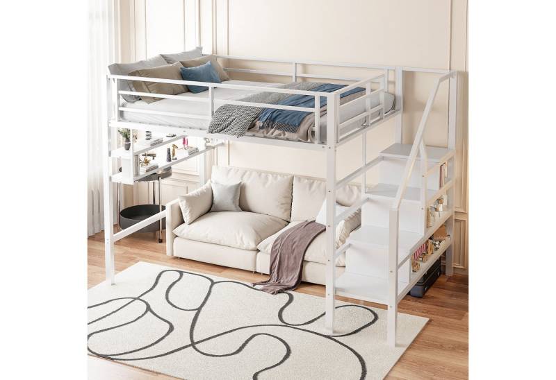 STILVORA Hochbett 140×200 Jugendbett mit matratze,Metallbett mit Reglen&Stauraumleiter (Hochbett 140x200cm mit Stauraumleiter & Einlegeböden – Robuster Eisenrahmen, Kinderfreundliches Geländer, Freiraum zum Verkleiden) ohne Matratze von STILVORA
