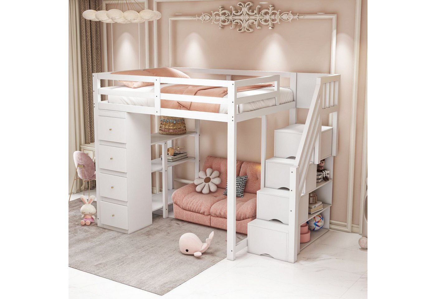 STILVORA Hochbett 140×200 Kinderbett mit Stauraum und Regal,Jugendbett ohne matratze (Multifunktionales Hochbett aus Massivholz, mit 4 Schubladen & 3 Regalen, Jugendbett mit sicherer Kletterleiter & Stauraum, 140x200cm) ohne Matratze STILVORA Hochbett 140×200 Kinderbett mit Stauraum und Regal,Jugendbett ohne matratze (Multifunktionales Hochbett aus Massivholz, mit 4 Schubladen & 3 Regalen, Jugendbett mit sicherer Kletterleiter & Stauraum, 140x200cm) ohne Matratze von STILVORA