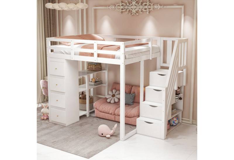 STILVORA Hochbett 140×200 Kinderbett mit Stauraum und Regal,Jugendbett ohne matratze (Multifunktionales Hochbett aus Massivholz, mit 4 Schubladen & 3 Regalen, Jugendbett mit sicherer Kletterleiter & Stauraum, 140x200cm) ohne Matratze von STILVORA