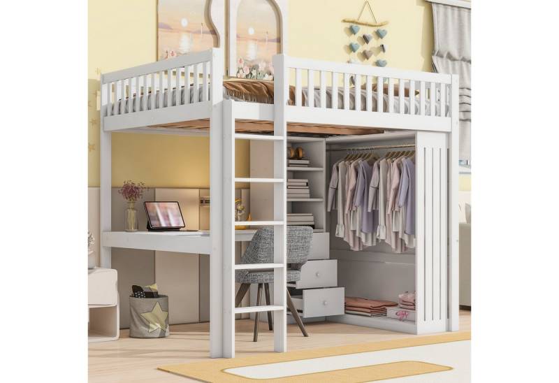 STILVORA Hochbett 140×200 erwachsene mit treppe,Bett mit Schreibtisch,ohne matratze (Hochbett,mit Schreibtisch und Stauraum Inkl. Kleiderschrank, 3 Schubladen, Geländer und Treppe) ohne Matratze von STILVORA