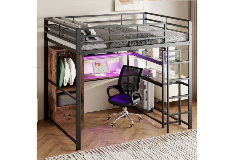 STILVORA Hochbett 140x200 mit Matratze,Jugendbett mit Tisch,Eisenbett mit Treppe&LED (mit Schreibtisch, LED-Beleuchtung und Stauraum, Metallrahmen, 140 x 200 cm, Mit Regalen und Geländern) mit Matratze von STILVORA