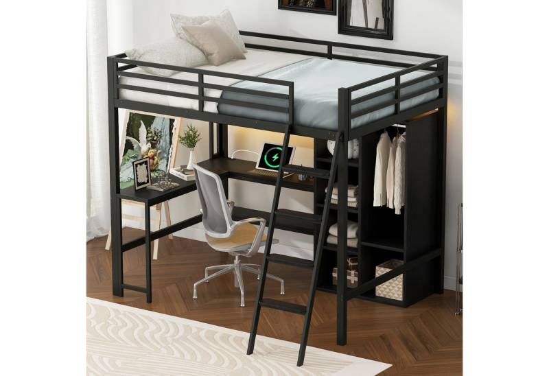STILVORA Hochbett 140x200 mit Matratze&Schreibtisch,Jugendbett Eisenbett mit LED&USB (Metall-Hochbett mit Schreibtisch, LED-Beleuchtung, USB-Ladestation, Stauraum – Stabiler Metallrahmen, platzsparend, 1-St., 140x200) von STILVORA