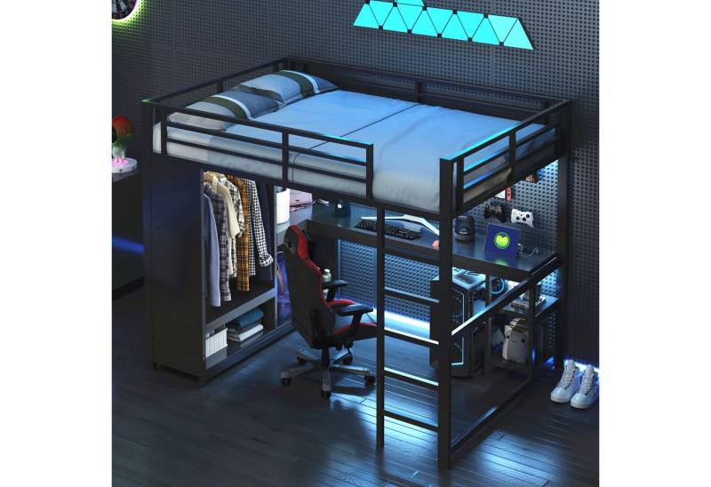 STILVORA Hochbett 140x200 mit Matratze&Schreibtisch,Jugendbett mit LED,Kleiderschrank (mit LED, Schreibtisch, Kleiderschrank und Stauraum – Platzsparendes Design) von STILVORA