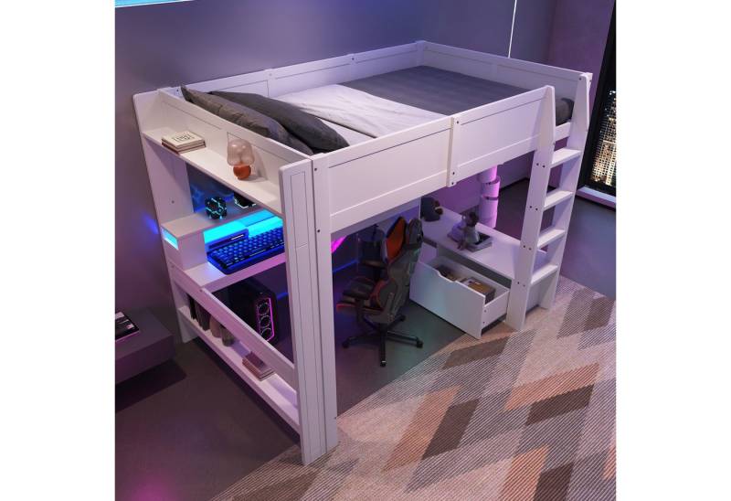STILVORA Hochbett 140×200 mit Matratze&Schreibtisch,Jugendbett mit LED,Schublade®ale (Gaming-Bett mit Schreibtisch, LED-Beleuchtung & Regalen, Robustes Massivholz, Praktische Schubladen 140x200 cm) mit Matratze von STILVORA
