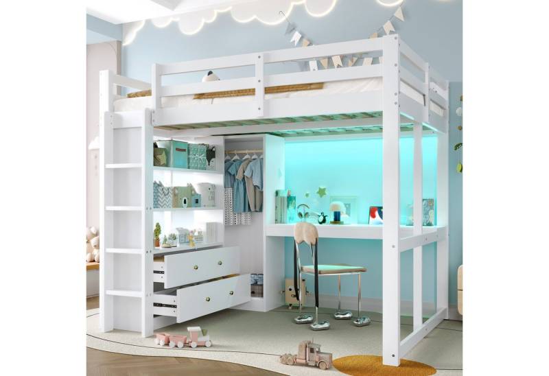 STILVORA Hochbett 140x200 mit Schreibtisch,Jugendbett Stauraumbett mit LED-Licht&USB (mit Unterbettschreibtisch, 2 Schubladen & Regale – platzsparend, 1-St., 140x200) LED-Licht und USB von STILVORA