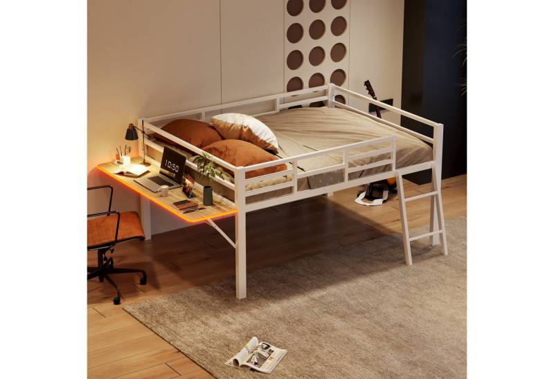 STILVORA Hochbett 140x200 mit Schreibtisch,Kinderbett mit Geländer,LED,ohne matratze (Metallbett mit klappbarem Schreibtisch, LED-Lichtband und Sicherheitsgeländer – Weiße Ausführung, ideal für Kinder, Jugendliche und Studenten – Praktische Leiter, stabile Struktur und vielseitige Funktionen, 140x200 cm) ohne Matratze von STILVORA