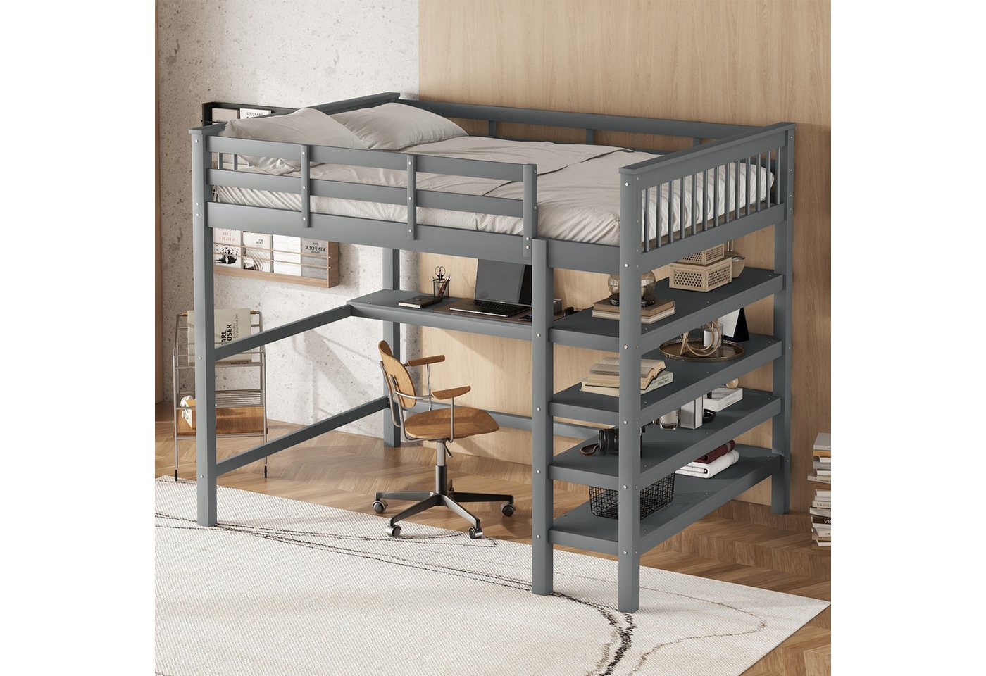 STILVORA Hochbett 140x200 mit matratze und schreibtisch,Kinderbett mit Ablagefächern (Gästebett Jugendbett Holzbett mit Ablagefächern und Unterbettschreibtisch, 140 x 200cm) mit Matratze von STILVORA