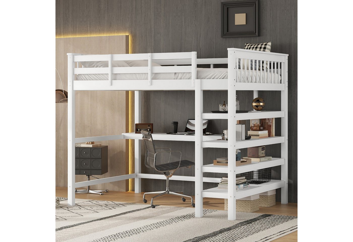 STILVORA Hochbett 140x200 mit matratze und schreibtisch,Kinderbett mit Ablagefächern (Gästebett Jugendbett Holzbett mit Ablagefächern und Unterbettschreibtisch, 140 x 200cm) mit Matratze von STILVORA