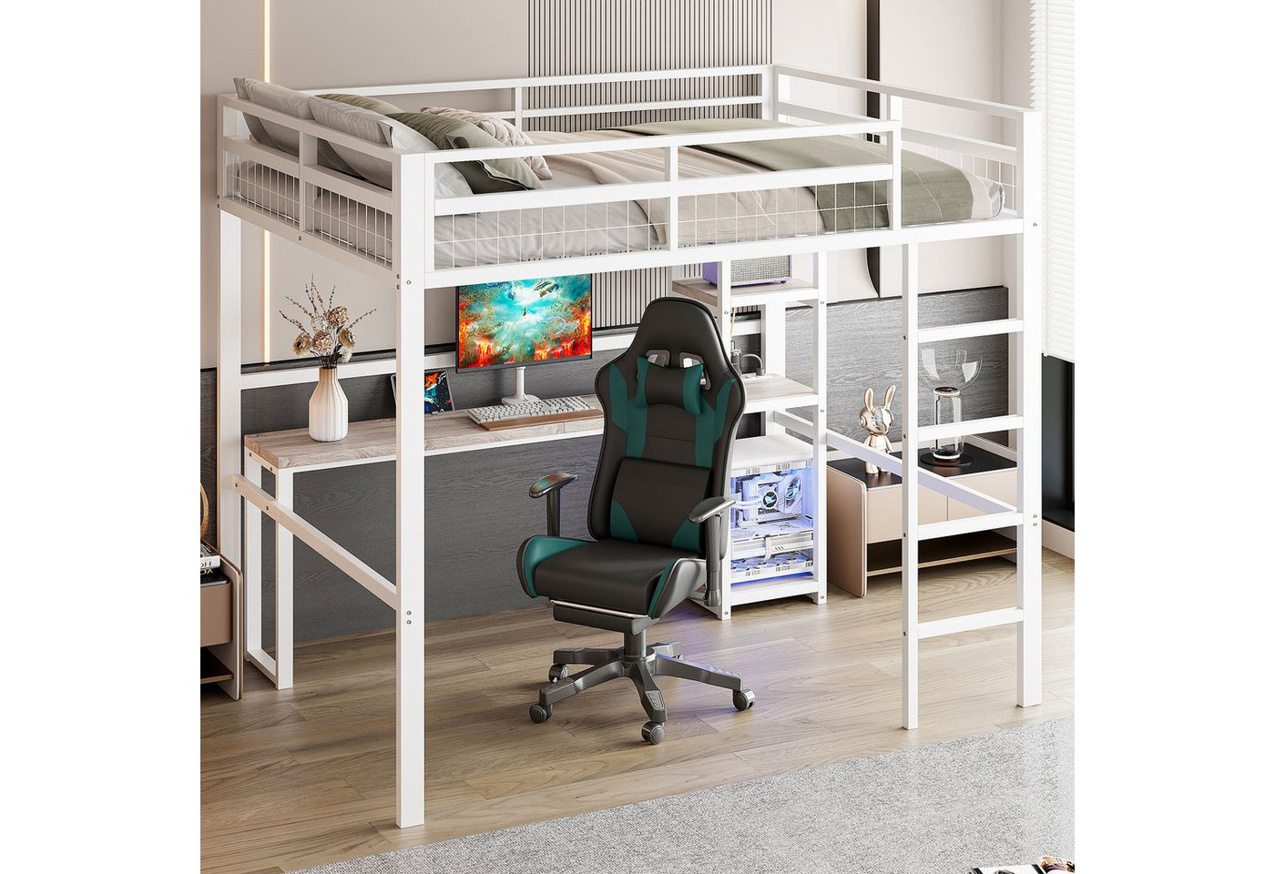 STILVORA Hochbett 140×200 mit schreibtisch,Jugendbett mit matratze,Stauraum & Steckdose (Packung-Set, 1-St., Eisenbett) mit Geländer&Leiter von STILVORA