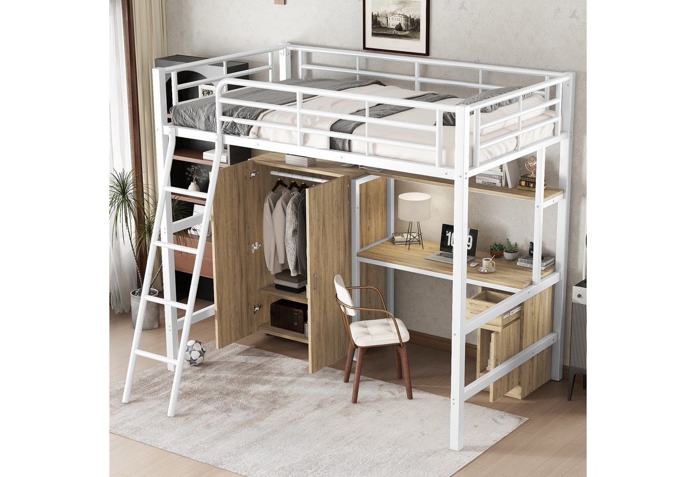 STILVORA Hochbett 90x200 Bettgestell mit matratze&Schrank, Jugendbett mit schreibtisch (mit Tisch und Kleiderschrank, ideal für Kinder und Jugendliche, Eisenrahmen in Weiß und Natur, inklusive Schreibtisch und Stauraum, 90x200 cm) mit Matratze STILVORA Hochbett 90x200 Bettgestell mit matratze&Schrank, Jugendbett mit schreibtisch (mit Tisch und Kleiderschrank, ideal für Kinder und Jugendliche, Eisenrahmen in Weiß und Natur, inklusive Schreibtisch und Stauraum, 90x200 cm) mit Matratze von STILVORA