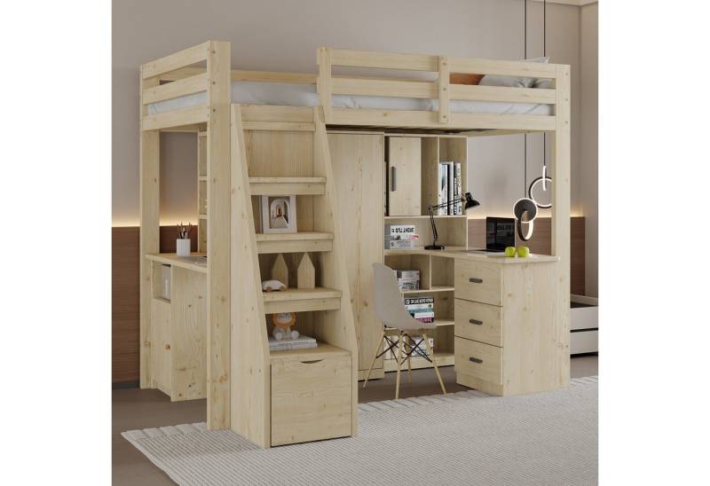 STILVORA Hochbett 90×200 Jugendbett mit Matratze,Bettgestell mit Regalen und Stauraum (Funktionsbett, mit Arbeitstisch, Regalen & Stauraumtreppe, 90x200 cm) mit Matratze von STILVORA