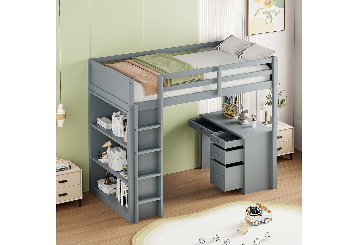 STILVORA Hochbett 90×200 Jugendbett mit Matratze,Bettgestell mit Stauraum und tisch (multifunktionales Hochbett für Kinder aus Holz 90 X 200 cm) mit Matratze von STILVORA