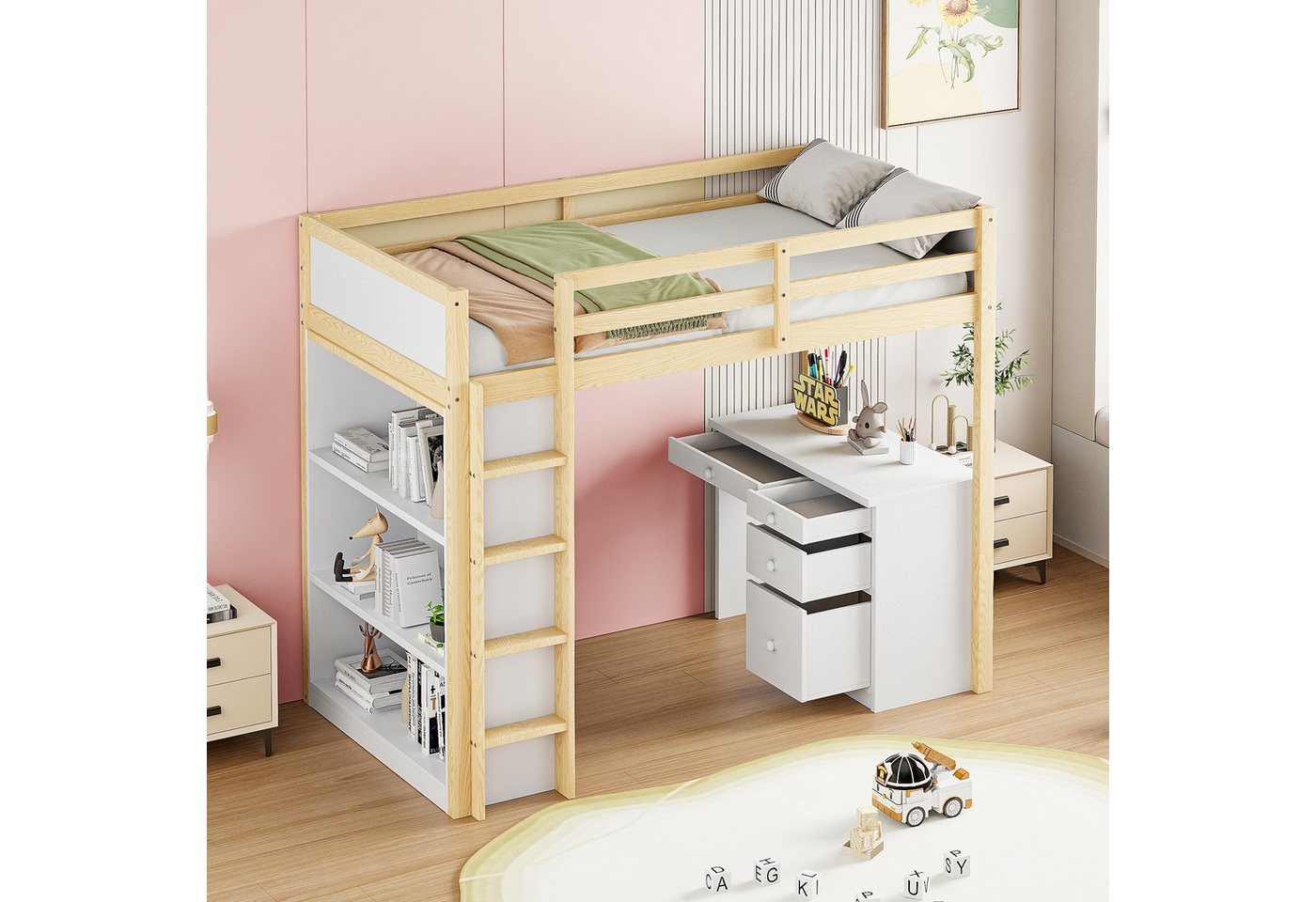 STILVORA Hochbett 90×200 Jugendbett mit Matratze,Bettgestell mit Stauraum und tisch (multifunktionales Hochbett für Kinder aus Holz 90 X 200 cm) mit Matratze von STILVORA
