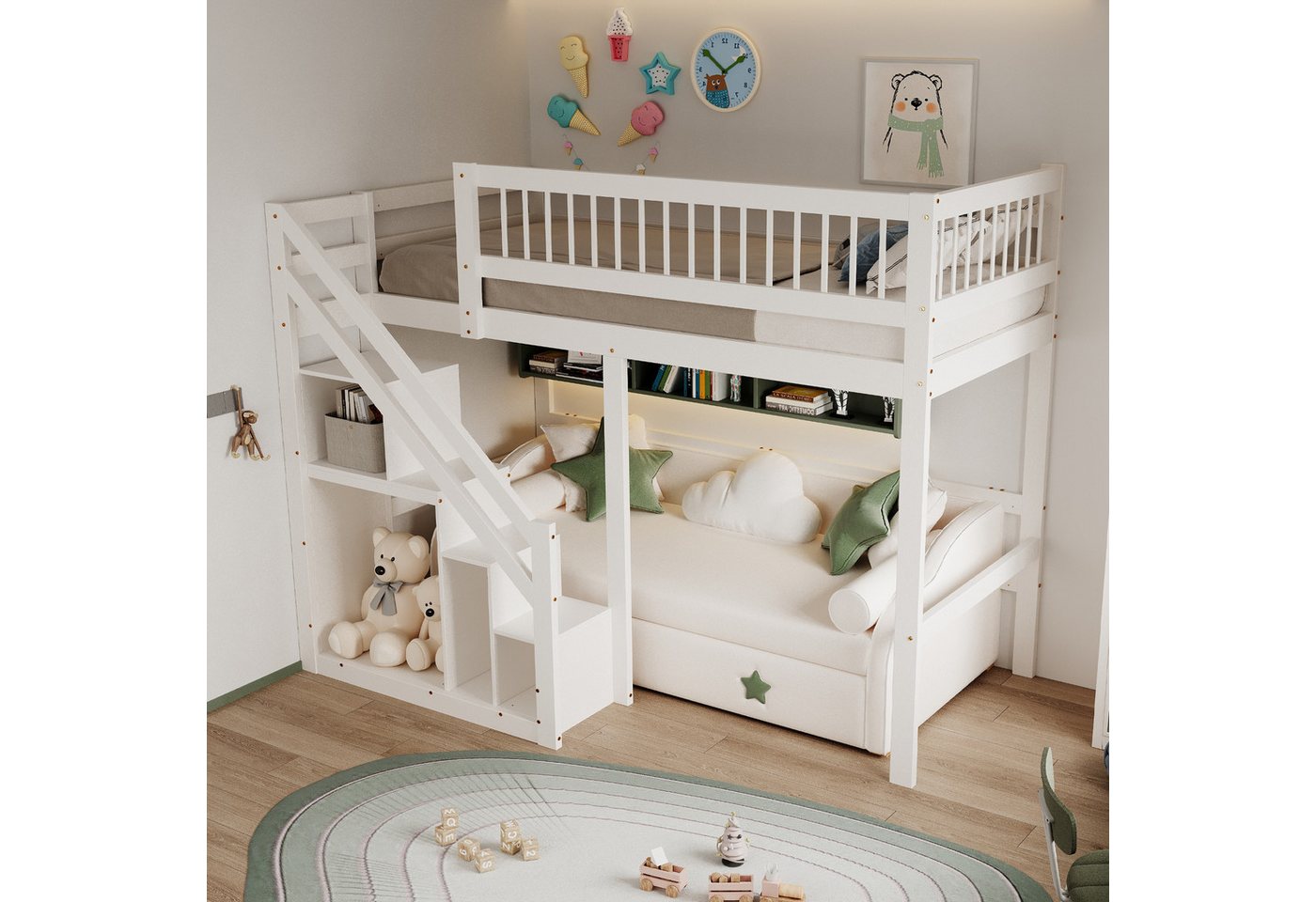 STILVORA Hochbett 90×200 Jugendbett mit Matratze,Kinderbett mit Stauraum und Treppe (Jugendbett, Einzelbett, Massivholzrahmen, 90x200 cm) mit Matratze von STILVORA