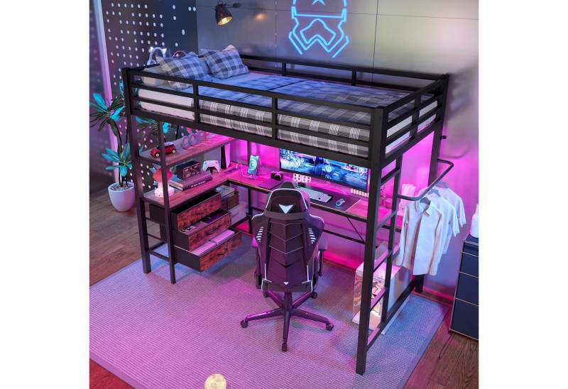 STILVORA Hochbett 90x200 Jugendbett mit Schreibtisch&Steckdose,Eisenbett mit Treppe&LED (Hochbett 90x200 cm mit Ambientelicht, Schreibtisch, USB-Steckdose, 3 Schubladen & Regalen, Sicherheitsgeländer, Treppe) ohne Matratze von STILVORA