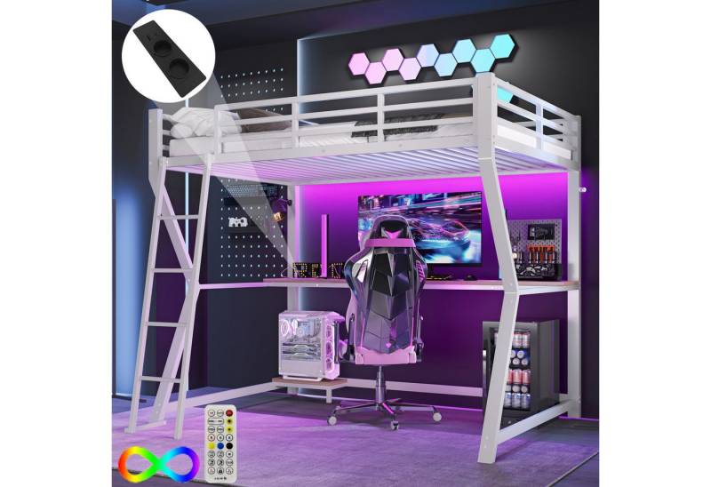 STILVORA Hochbett 90×200 Jugendbett mit matratze,Metallbett mit Steckdose+USB,Tisch (Hochbett 90x200cm mit Ambientelicht, Computerkonsolenablage & Schreibtisch, mit USB-Steckdose, Geländer & Treppe, ohne Matratze – Perfekt für Kinderzimmer & Home Office) ohne Matratze von STILVORA