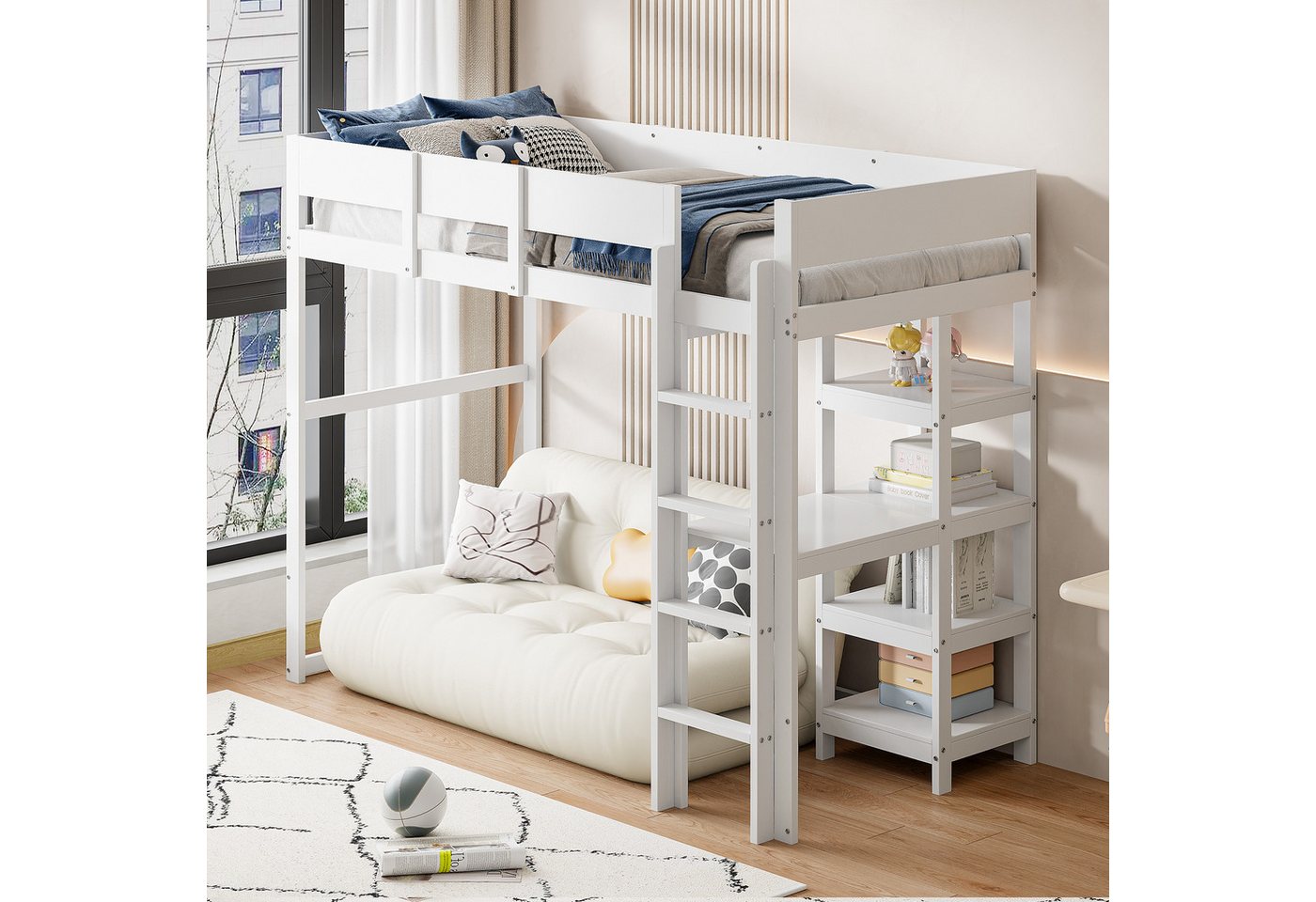 STILVORA Hochbett 90×200 Kinderbett mit Lattenrost & Regale,Bettgestell ohne Matratze (mit Lattenrost und Ablage, geeignet für Kinder und Jugendliche, 90 x 200 cm) ohne Matratze von STILVORA