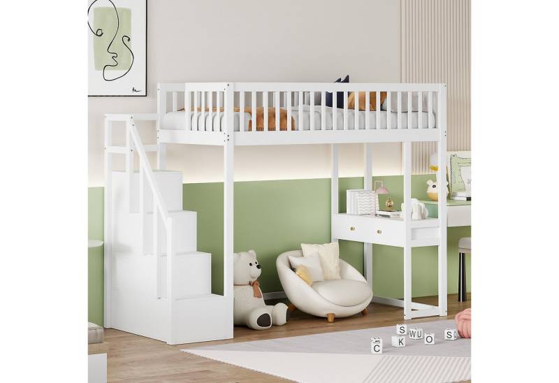 STILVORA Hochbett 90×200 Kinderbett mit Matratze,Bettgestell mit Stauraum & Tisch (aus Kiefernholz, mit Sicherer Treppe und Praktischem Tisch für Kinder und Jugendliche, 90 x 200 cm) mit Matratze von STILVORA