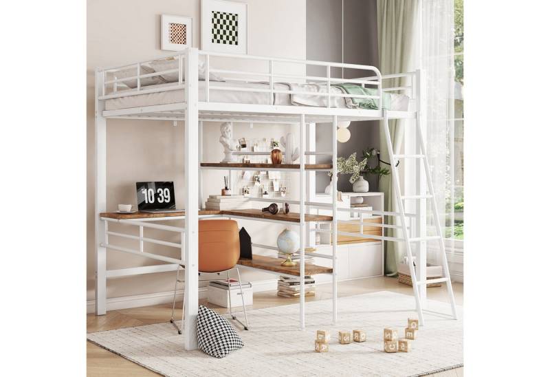 STILVORA Hochbett 90×200 erwachsene mit matratze,Metallbett mit Schreibtisch®al (Hochbett,mit Schreibtisch und Regalen, stabiler Eisenrahmen, sichere Leiter, platzsparend für Kinderzimmer., 90x200 cm) mit Matratze von STILVORA