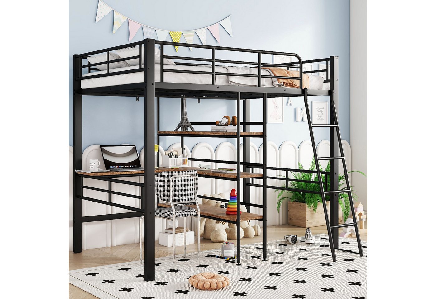 STILVORA Hochbett 90×200 erwachsene mit matratze,Metallbett mit Schreibtisch®al (Hochbett,mit Schreibtisch und Regalen, stabiler Eisenrahmen, sichere Leiter, platzsparend für Kinderzimmer., 90x200 cm) mit Matratze von STILVORA