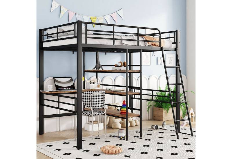 STILVORA Hochbett 90×200 erwachsene mit matratze,Metallbett mit Schreibtisch®al (Hochbett,mit Schreibtisch und Regalen, stabiler Eisenrahmen, sichere Leiter, platzsparend für Kinderzimmer., 90x200 cm) mit Matratze von STILVORA