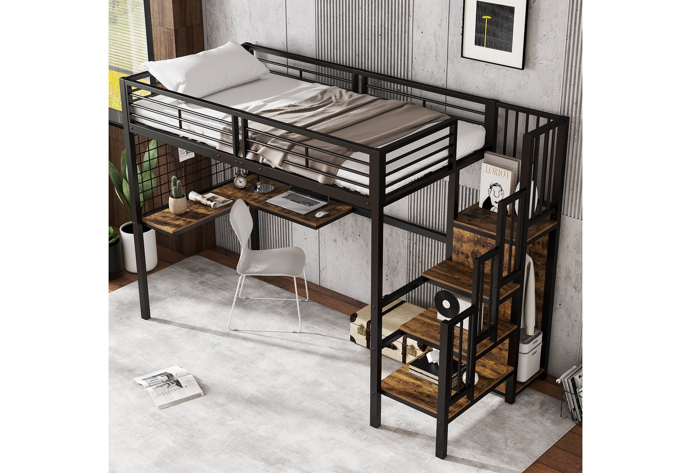 STILVORA Hochbett 90x200 erwachsene mit matratze & schreibtisch,Jugendbett mit stauraum (Mit Seitlicher Holztreppe, für Kinder & Jugendliche, Schwarz-Dunkle Holzfarbe, Stabil & Sicher, 90x200cm) mit Matratze STILVORA Hochbett 90x200 erwachsene mit matratze & schreibtisch,Jugendbett mit stauraum (Mit Seitlicher Holztreppe, für Kinder & Jugendliche, Schwarz-Dunkle Holzfarbe, Stabil & Sicher, 90x200cm) mit Matratze von STILVORA