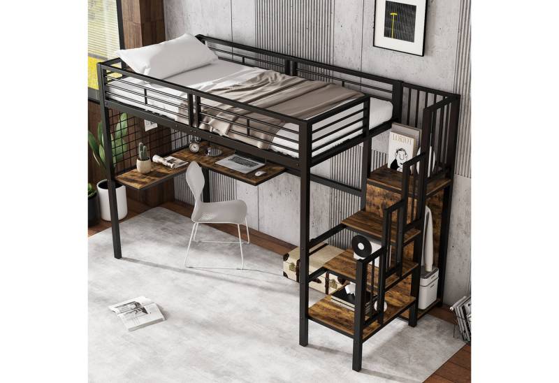 STILVORA Hochbett 90x200 erwachsene mit schreibtisch,Jugendbett mit stauraum,Metallbett (Mit Seitlicher Holztreppe, für Kinder & Jugendliche, Schwarz-Dunkle Holzfarbe, Stabil & Sicher, 90x200cm) ohne Matratze von STILVORA