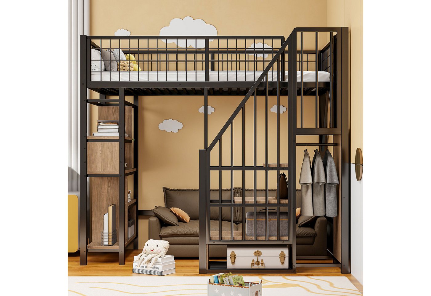 STILVORA Hochbett 90x200 mit Ablageflächen,Jugendbett Eisenbett mit Kleiderschrank STILVORA Hochbett 90x200 mit Ablageflächen,Jugendbett Eisenbett mit Kleiderschrank von STILVORA