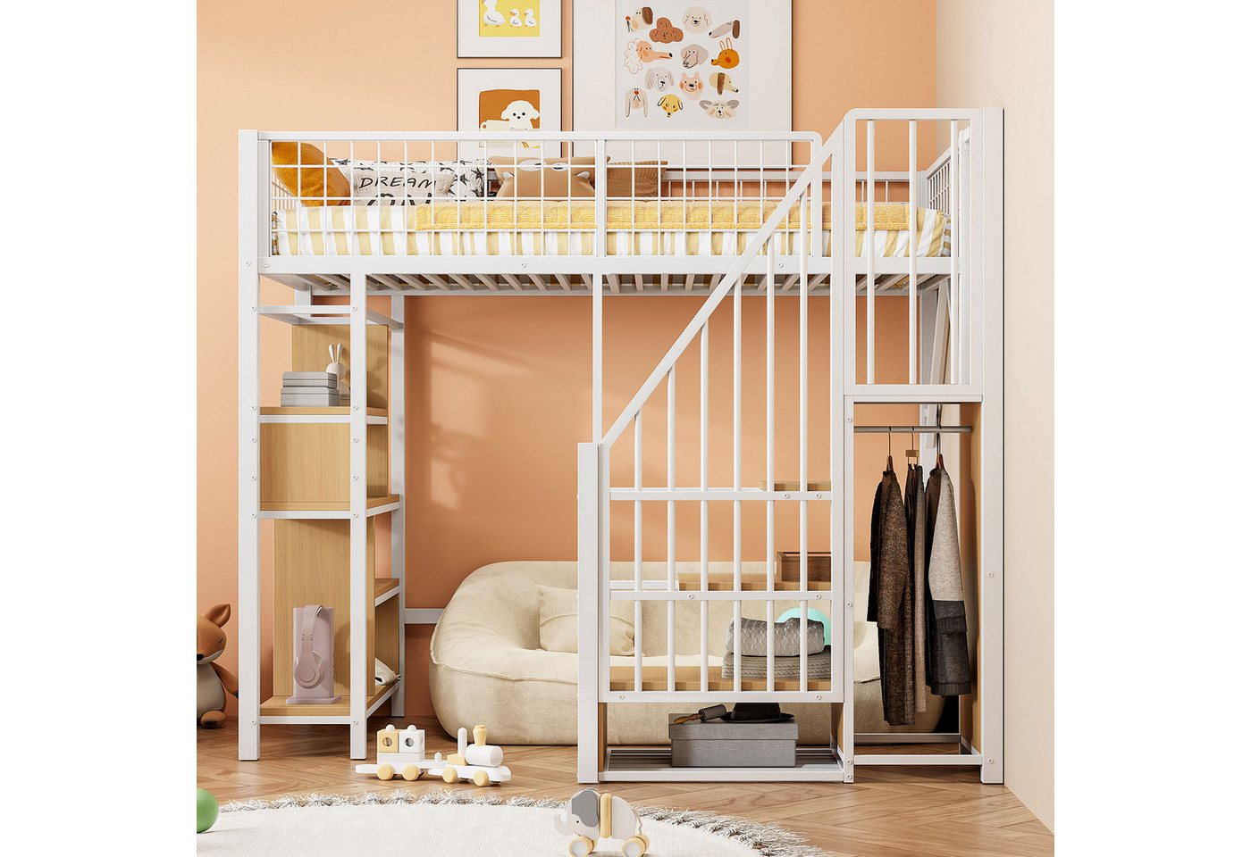 STILVORA Hochbett 90x200 mit Ablageflächen,Jugendbett Eisenbett mit Kleiderschrank STILVORA Hochbett 90x200 mit Ablageflächen,Jugendbett Eisenbett mit Kleiderschrank von STILVORA