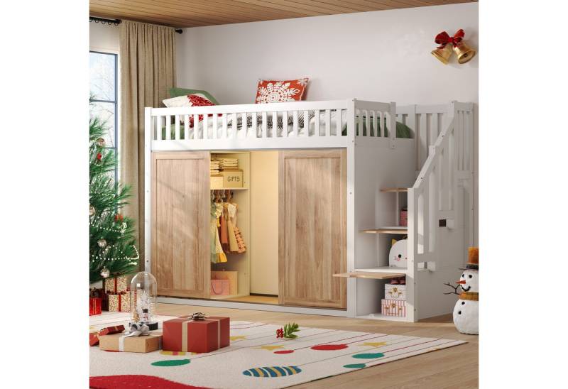 STILVORA Hochbett 90x200 mit Kleiderschrank,Jugendbett Bettgestell mit LED&Stauraum (Hochbett, Kinderbett , 1-St., 90 x 200 cm, ohne Matratze) mit Kleiderschrank und Treppenschrank von STILVORA