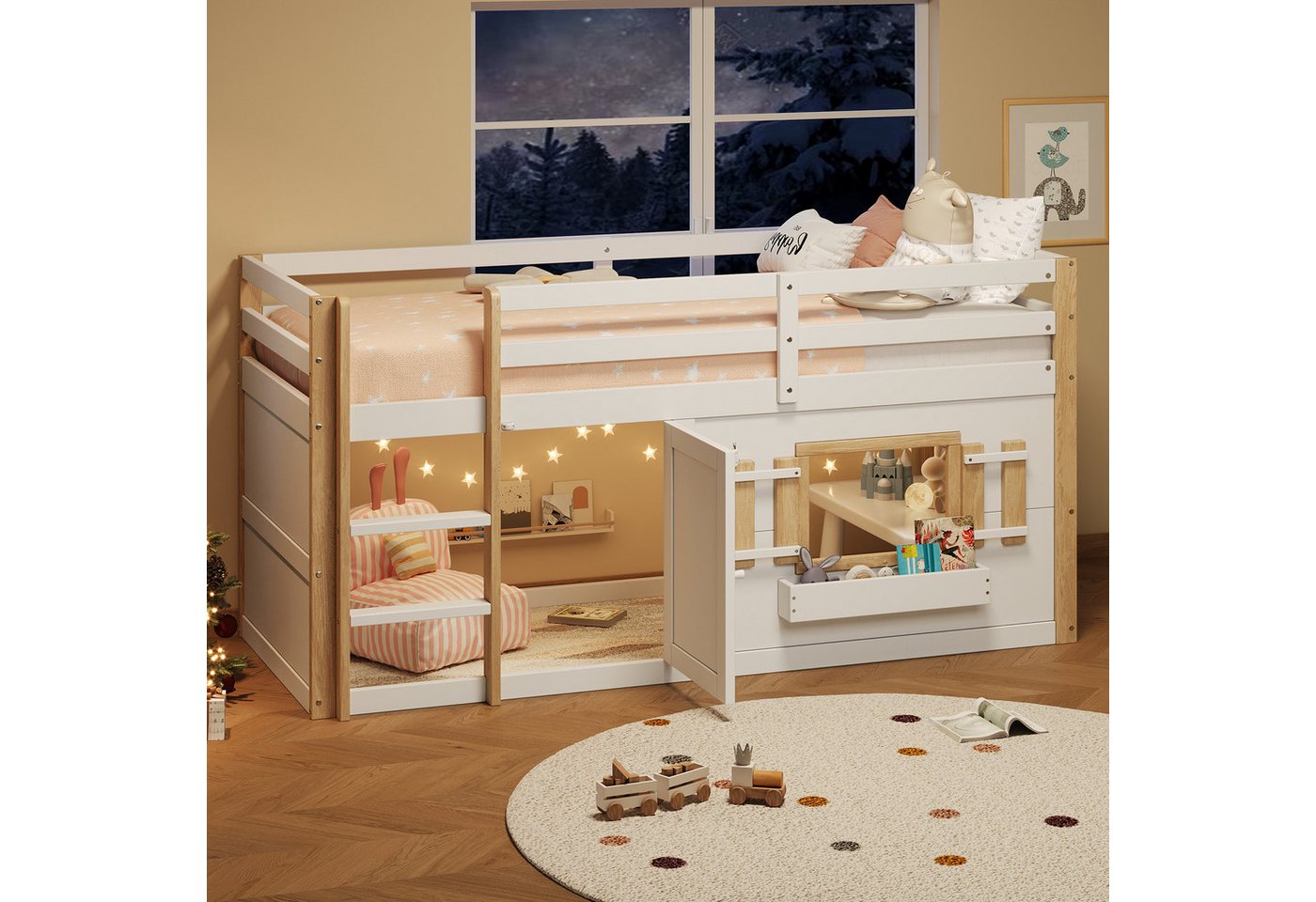 STILVORA Hochbett 90x200 mit Leiter,KinderbettHolzbett mit Geländer,weiß(mit Matratze) (Etagenbett, Kinderbett, 2-St., 90 x 200 cm, ohne Matratze) mit Leiter, Massivholz + MDF von STILVORA