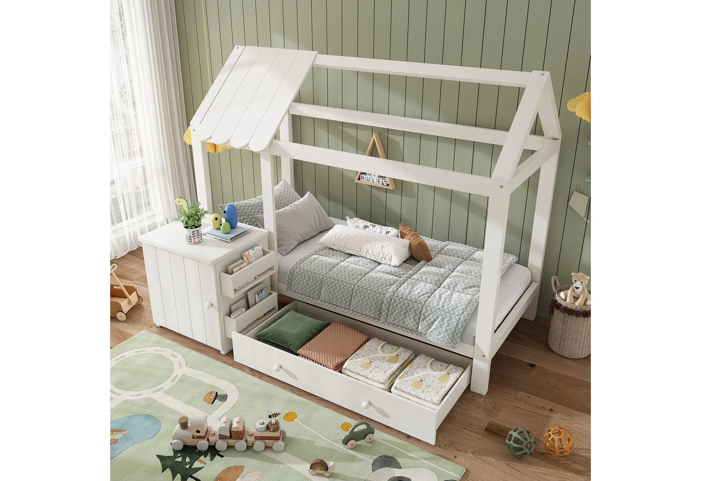 STILVORA Hochbett 90x200 mit Nachtisch,Jugendbett mit stauraum,Hausbett mit schublade (Einzelbett, Holzbett, 90x200cm, ohne Matratze) mit Schubladen & abnehmbarem Nachttisch von STILVORA