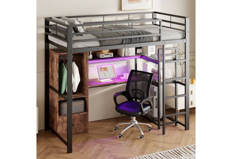 STILVORA Hochbett 90x200 mit Schreibtisch,Jugendbett Regale,Eisenbett mit Treppe&LED (mit Schreibtisch, LED-Beleuchtung und Stauraum, Metallrahmen, 90 x 200 cm, Mit Regalen und Geländern) ohne Matratze von STILVORA