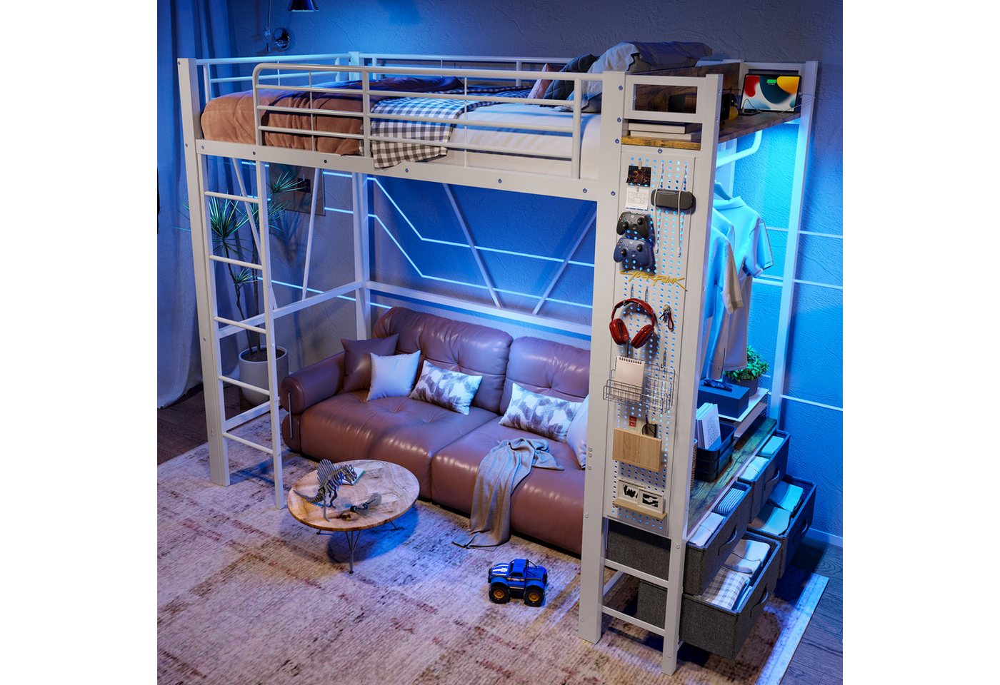 STILVORA Hochbett 90x200 mit Stauraum,Jugendbett mit LED,Kinderbett Metallbett mit Regal STILVORA Hochbett 90x200 mit Stauraum,Jugendbett mit LED,Kinderbett Metallbett mit Regal von STILVORA