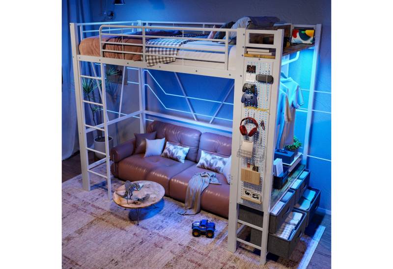 STILVORA Hochbett 90x200 mit Stauraum,Jugendbett mit LED,Kinderbett Metallbett mit Regal STILVORA Hochbett 90x200 mit Stauraum,Jugendbett mit LED,Kinderbett Metallbett mit Regal von STILVORA