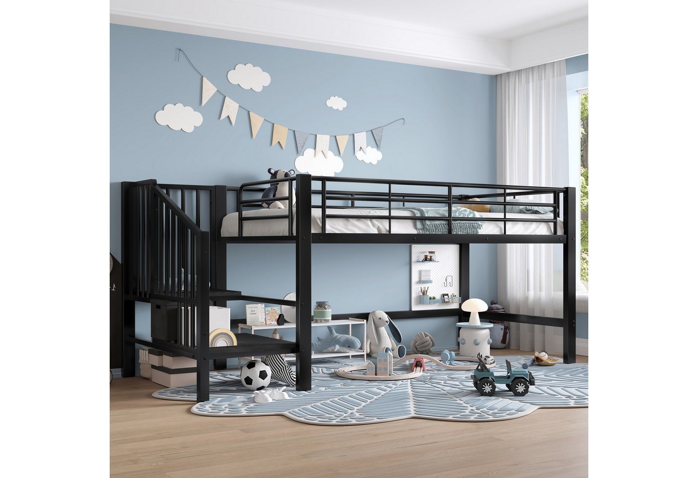 STILVORA Hochbett 90x200 mit Stauraumtreppe,Eisenbett Jugendbett mit Lattenrost&Gitter (Platzsparendes Kinderbett für Spiel- und Schlafbereich, 1-St., 90x200cm) mit Stauraumtreppe von STILVORA