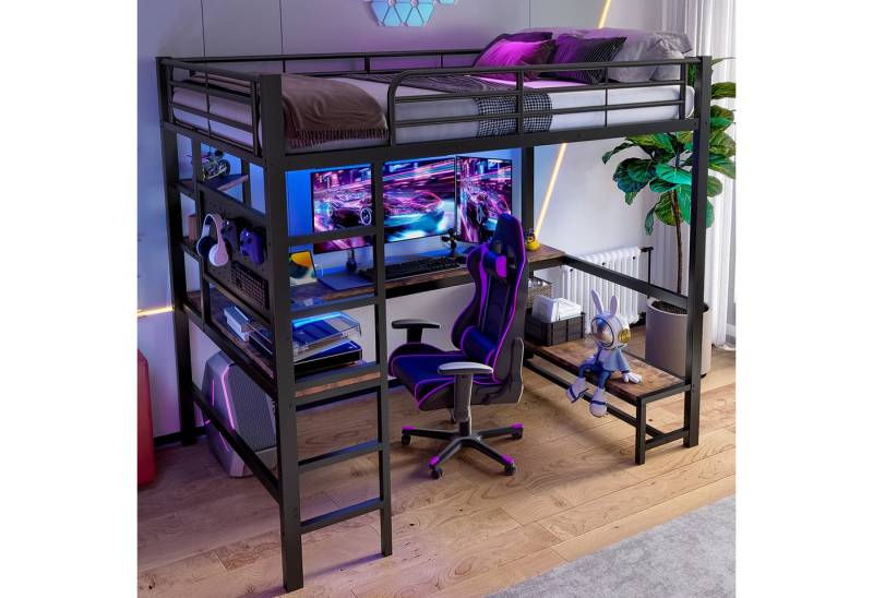 STILVORA Hochbett 90x200 mit Steckdose&LED,Jugendbett Eisenbett mit Schreibtisch&Ablage (mit Schreibtisch und LED-Beleuchtung, Eisenrahmen, multifunktionale Ablagen, USB-C Steckdose, Sicherheit Geländer & Trittleiter, 90x200 cm) ohne Matratze STILVORA Hochbett 90x200 mit Steckdose&LED,Jugendbett Eisenbett mit Schreibtisch&Ablage (mit Schreibtisch und LED-Beleuchtung, Eisenrahmen, multifunktionale Ablagen, USB-C Steckdose, Sicherheit Geländer & Trittleiter, 90x200 cm) ohne Matratze von STILVORA