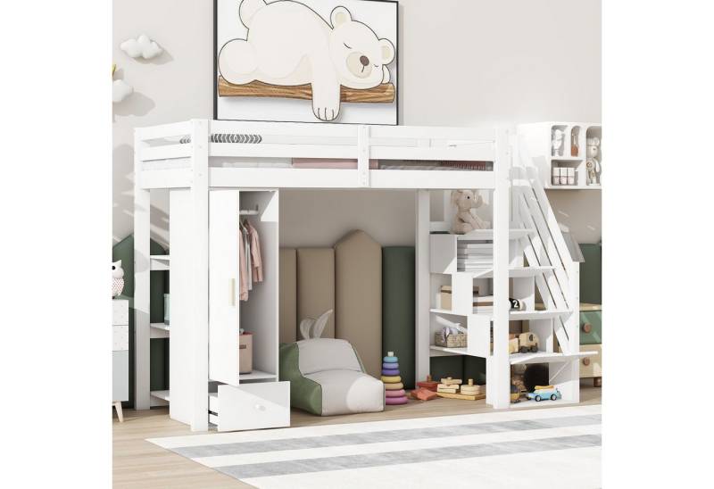 STILVORA Hochbett 90×200 mit matratze,Kleiderschrank & treppe,Bett mit Schreibtisch (Hochbett 90x200 cm mit Stauraum, Geländer, Aufbewahrungsleiter, Kleiderschrank und Schubladen., Hochbett 90x200 cm) ohne Matratze von STILVORA