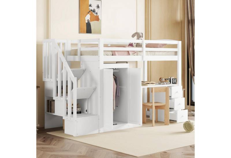 STILVORA Hochbett 90x200 mit matratze,schreibtisch und schrank,Kinderbett mit Schubladen (mit Kleiderschrank und Treppe, Schreibtisch und Schubladen und Schrank in einem, 90 x 200 cm) Stühle nicht enthalten von STILVORA
