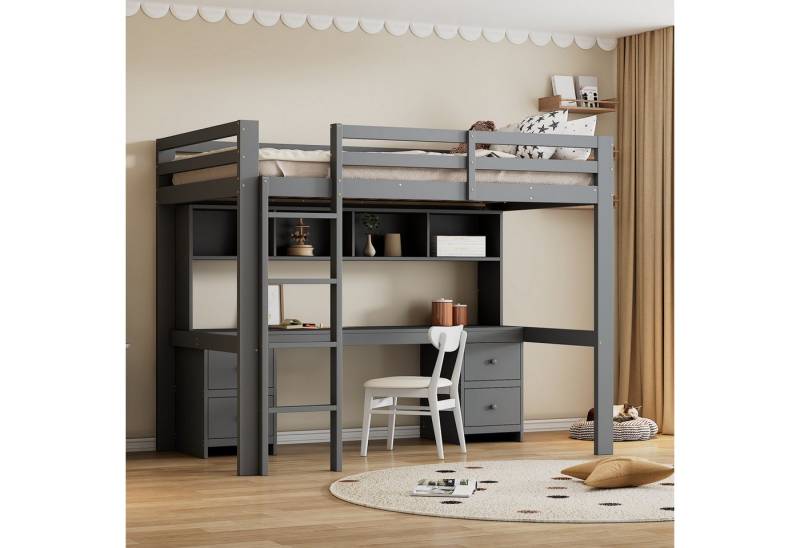 STILVORA Hochbett 90×200 mit matratze und Schreibtisch,Kinderbett mit Stauraum & Treppe (Hohes Geländer, Stabile Treppe 90*200cm) mit Matratze von STILVORA