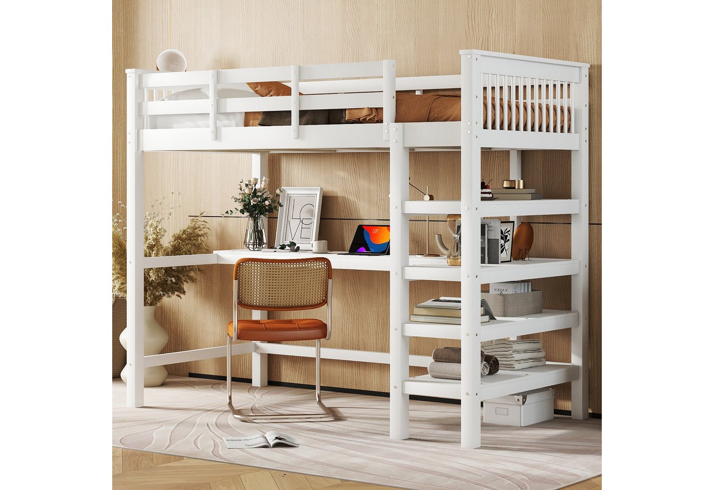 STILVORA Hochbett 90x200 mit matratze und schreibtisch,Kinderbett mit Ablagefächern (Gästebett Jugendbett Holzbett mit Ablagefächern und Unterbettschreibtisch, 90 x 200 cm) mit Matratze von STILVORA