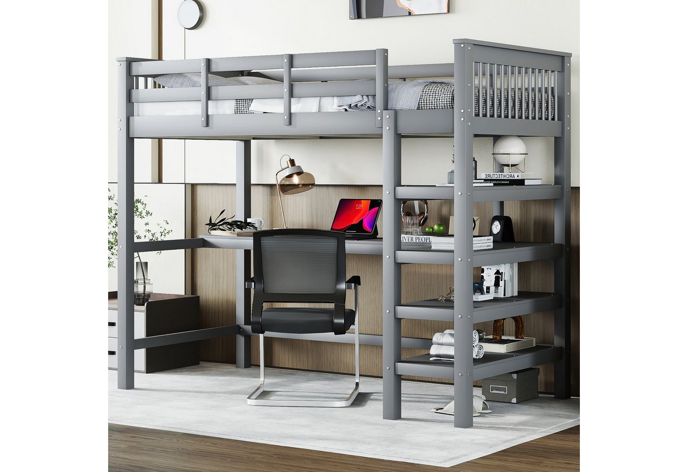 STILVORA Hochbett 90x200 mit matratze und schreibtisch,Kinderbett mit Ablagefächern (Gästebett Jugendbett Holzbett mit Ablagefächern und Unterbettschreibtisch, 90 x 200 cm) mit Matratze von STILVORA