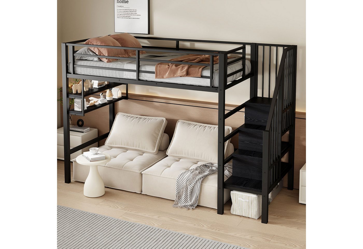 STILVORA Hochbett Jugendbett 90×200 mit Regalen&Leiter,Einzelbett Eisenbett mit Geländer (Hochbett 90x200cm mit Stauraumleiter & Einlegeböden – Robuster Eisenrahmen, Kinderfreundliches Geländer, Freiraum zum Verkleiden) ohne Matratze STILVORA Hochbett Jugendbett 90×200 mit Regalen&Leiter,Einzelbett Eisenbett mit Geländer (Hochbett 90x200cm mit Stauraumleiter & Einlegeböden – Robuster Eisenrahmen, Kinderfreundliches Geländer, Freiraum zum Verkleiden) ohne Matratze von STILVORA