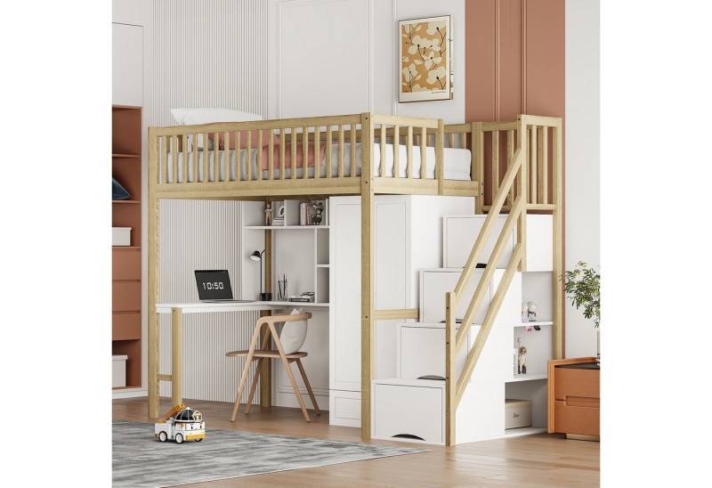 STILVORA Hochbett Jugendbett 90x200 mit Stauraum Kinderbett mit Kleiderschrank & Zäune (90 x 200 cm, Stauraum Treppe Mehrzweckbetteinheit Holzbettgestell 90 x 200 cm) mit Matratze von STILVORA